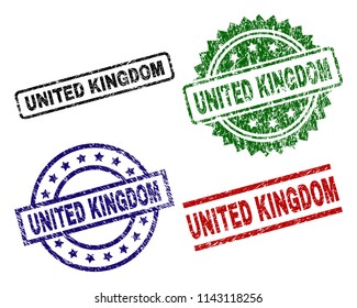 UNITED KINGDOM seal stamps with corroded surface. Black, green,red,blue vector rubber prints of UNITED KINGDOM label with scratched surface. Rubber seals with circle, rectangle, medallion shapes.