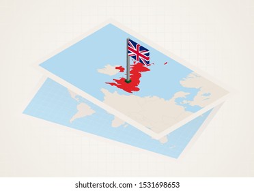 United Kingdom Selected On Map With Isometric Flag Of UK. Vector Paper Map.