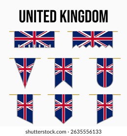 united kingdom set of country flags with their own distinctive colors and symbols, symbolizing pride medieval and royal theme style, war, conflict, warriors, both vertical and horizontal. UK brit eps