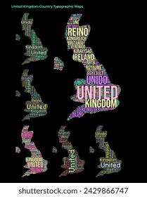 United Kingdom. Set of typography style country illustrations. United Kingdom map shape built of horizontal and vertical country names. Vector illustration.