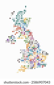 United Kingdom, shape of the country build of colored cells. Digital style map of the United Kingdom on white background. Small size rounded square blocks. Awesome vector illustration.