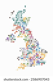 United Kingdom, shape of the country built of colored cells. Digital style map of the United Kingdom on white background. Small size rounded square blocks. Awesome vector illustration.