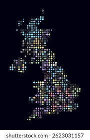 United Kingdom, shape of the country built of colored cells. Digital style map of the United Kingdom on a dark background. Small size circle blocks. Vibrant vector illustration.