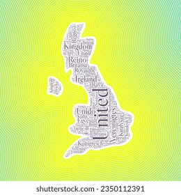 Forma del Reino Unido formada por el nombre del país en varios idiomas. Frontera del Reino Unido sobre un elegante fondo de gradiente rayado. Afiche vibrante. Ilustración vectorial con clase.