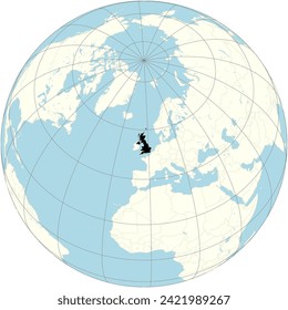 United Kingdom showcased prominently in the orthographic projection of the world map, highlighting its influential history and cultural legacy in Europe.