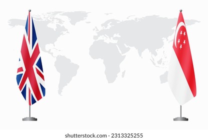 United Kingdom and Singapore flags for official meeting against background of world map.