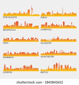 United Kingdom Skyline City Silhouette Design Collection. Vector Illustration Set Clip Art.