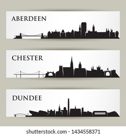 United Kingdom skylines - Chester, Aberdeen, Dundee - UK, Great Britain, England, Scotland - isolated vector illustration