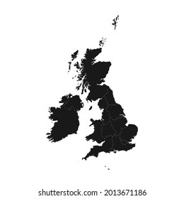 Mapa negro suave del REINO UNIDO con detalles blancos fondo blanco aislado, eps 10
