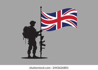 United Kingdom soldier with British flag, British soldier, United Kingdom flag, UK, United Kingdom, silhouette vector, warrior
