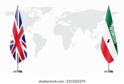 United Kingdom and Somaliland flags for official meeting against background of world map.