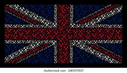 United Kingdom State Flag collage constructed of mining hammers design elements on a dark background. Vector mining hammers design elements are formed into geometric Great Britain flag collage.