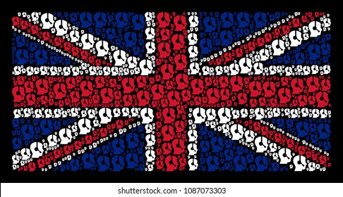 United Kingdom State Flag composition made of operator icons on a dark background. Vector operator items are formed into geometric UK flag composition.