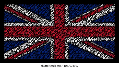 United Kingdom State Flag composition done of missile launch icons on a dark background. Vector missile launch icons are combined into mosaic English flag illustration.
