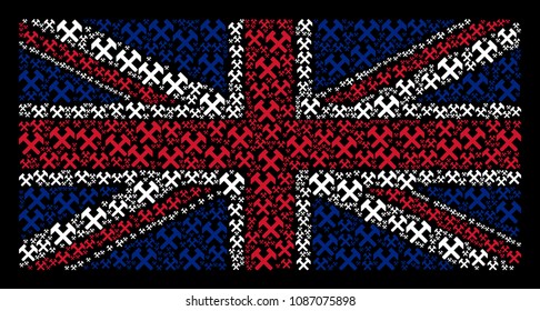 United Kingdom State Flag composition designed of hammers icons on a dark background. Vector hammers items are composed into geometric Great Britain flag collage.