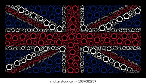 United Kingdom State Flag composition done of contour pentagon elements on a dark background. Vector contour pentagon items are combined into mosaic United Kingdom flag pattern.