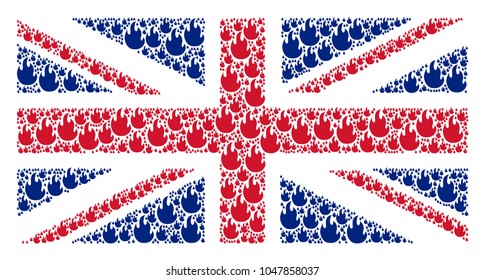 United Kingdom State Flag concept organized of fire flame elements. Vector fire flame pictograms are combined into geometric UK flag collage.