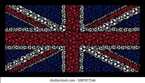 United Kingdom State Flag mosaic combined of football ball elements on a dark background. Vector football ball design elements are composed into mosaic United Kingdom flag collage.