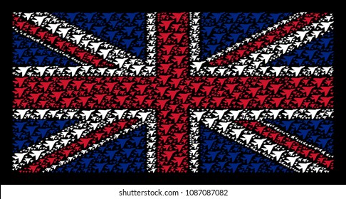 United Kingdom State Flag mosaic constructed of airplane intercepter pictograms on a dark background. Vector airplane intercepter elements are united into mosaic United Kingdom flag illustration.
