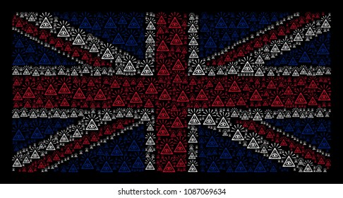 United Kingdom State Flag pattern created of total control eye piramide design elements on a dark background.
