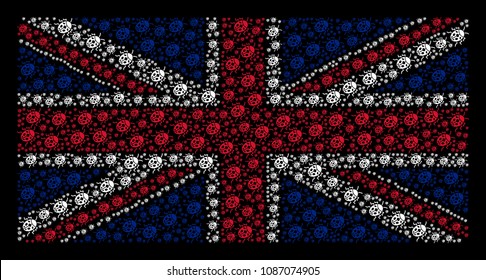 United Kingdom State Flag pattern organized of ladybird bug pictograms on a dark background. Vector ladybird bug icons are formed into conceptual English flag composition.