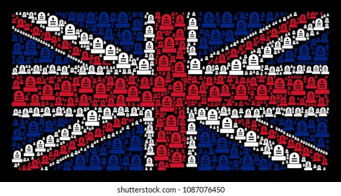 United Kingdom State Flag pattern created of grave icons on a dark background. Vector grave icons are organized into mosaic Great Britain flag composition.