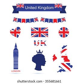 United Kingdom symbols. UK flag and map icons set. Big ben icon. Queen icon svg