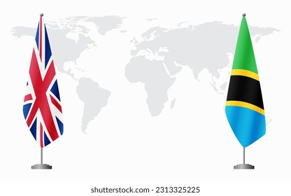 United Kingdom and Tanzania flags for official meeting against background of world map.
