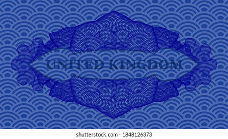 United Kingdom text inside Linear blue japan realistic badge. Geometric fancy background. Intense illustration. 