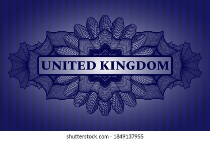 United Kingdom text inside Linear currency Blue color badge. Bars handsome background. Artistic illustration. 