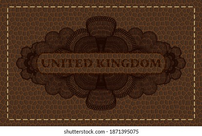 Texto del Reino Unido dentro del emblema realista de cuero marrón lineal. Cartera de fondo exquisito. Ilustración. 