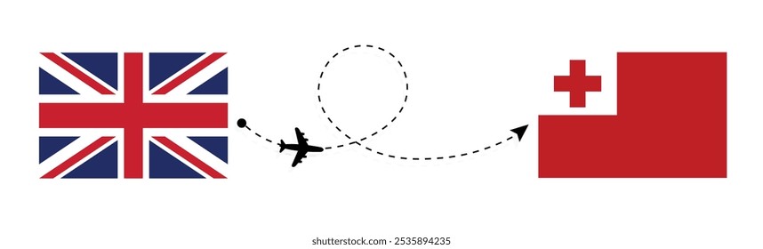 Reino Unido a Tonga concepto de viaje de vuelo . Londres a Nukualofa pasajeros que viajan en avión y relación concepto de barco