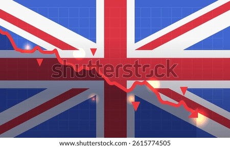 United Kingdom trade war tariffs war economic crisis red downward graph falling stock chart UK flag background finance concept