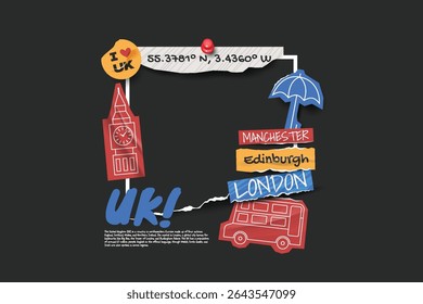 United Kingdom travel frame collage photos with scrapbook torn paper style.