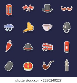 United kingdom travel icons set stikers collection vector with shadow on purple background