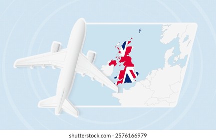 United Kingdom Travel Illustration with Plane and National Flag. Ideal for travel agencies, promotional materials, or geographic content related to United Kingdom.