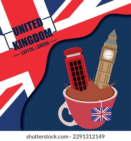 United kingdom travel postcard with tea cup and british landmark Vector