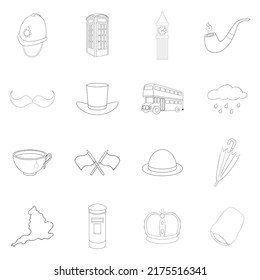 United kingdom travel set icons in outline style isolated on white background