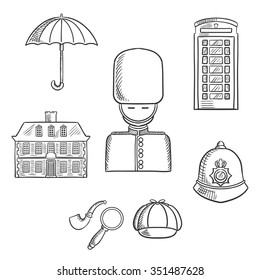 United Kingdom Travel Sketch Icons And Symbols With Guard Soldier, Telephone Booth, Police Helmet, Detective Cap, Pipe And Magnifier, Umbrella And Old Building