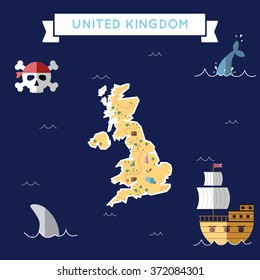 United Kingdom treasure map in flat design. Colorful cartoon treasure map of United Kingdom with flat design icons of pirate ship and jolly roger. United Kingdom flat design vector illustration.