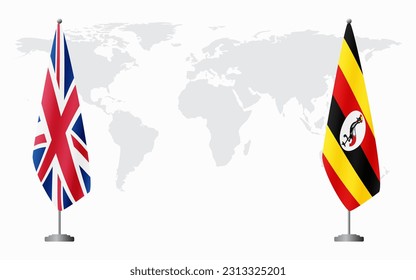 Banderas del Reino Unido y Uganda para una reunión oficial en el contexto del mapa mundial.