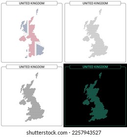United Kingdom (UK) Circular Mosaic Brick Dotted Map, Set of National Flag Color, Black Silhouette Country Boundary Isolated on White Background, Geographic Vector Illustration