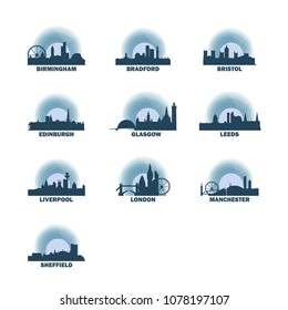 United Kingdom UK cities icons set, modern skyline citysape landmark logo vector pack