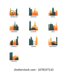 United Kingdom UK cities icons set, modern skyline citysape landmark logo vector pack