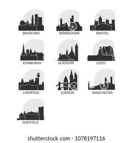 United Kingdom UK cities icons set, modern skyline citysape landmark logo vector pack