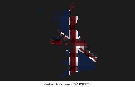 United Kingdom or UK dotted map flag with grunge texture in mosaic dot style. Abstract pixel vector illustration of a country map with halftone effect for infographic. 
