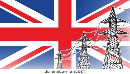 United Kingdom (UK) electric power supply lines vector concept - three high voltage poles with wires on flag background, used colors blue, red, white