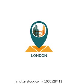 United Kingdom UK England London map city pin point geolocation modern skyline shape pointer vector flat logo icon illustration