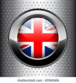 United Kingdom UK flag button on metal background, vector.