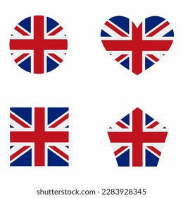 United Kingdom or UK flag icon set in 4 shape versions. Collection of national flag symbol with square, circle, heart, rectangular and pentagon shapes.